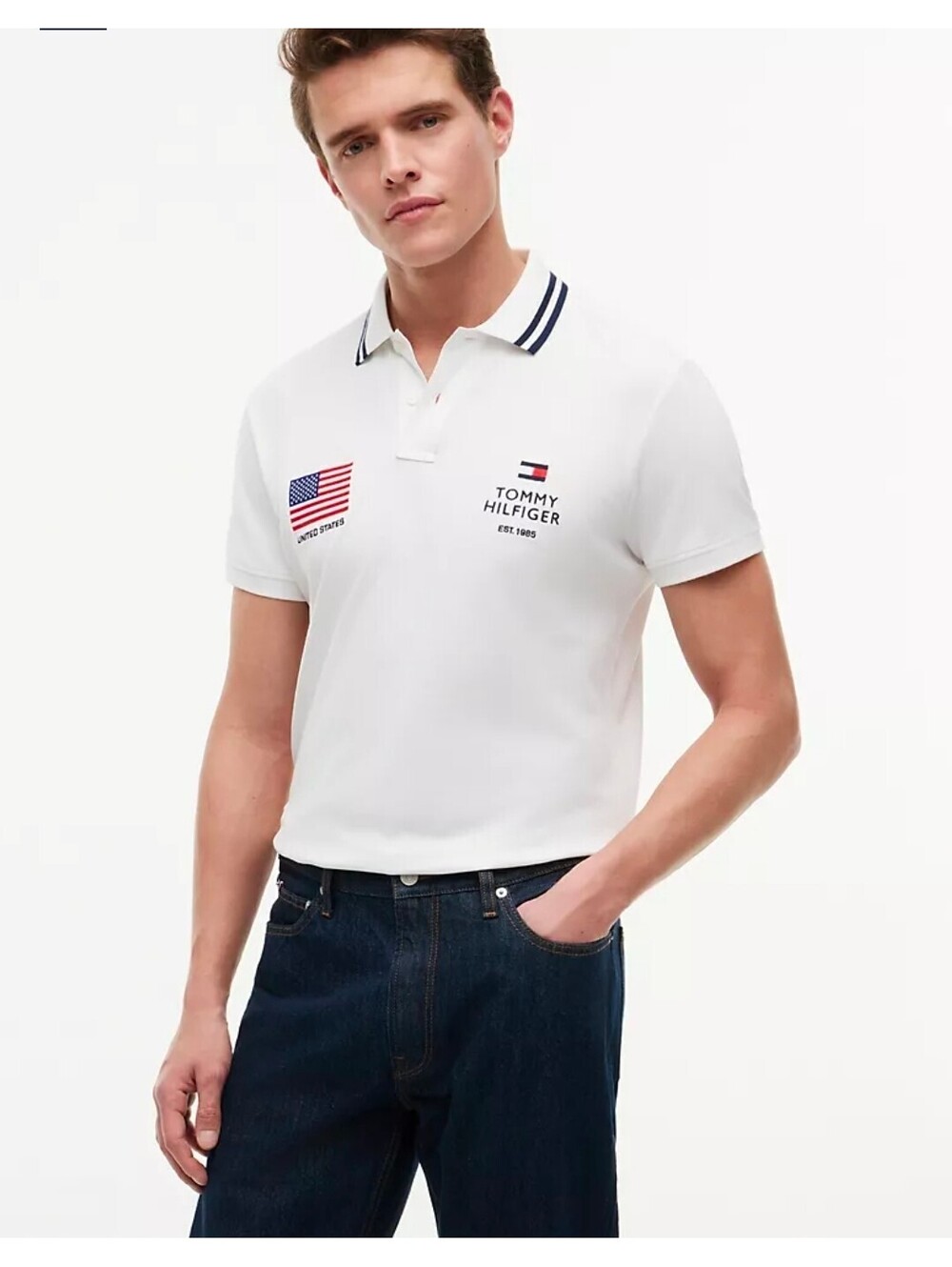 Tommy Hilfiger Men's White Polo Shirt with USA Flag Embroidery Size L